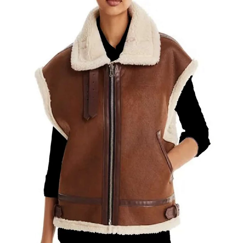 Dark Brown Aviator Bomber Shearling Leather Vest Women Thick Plush Vest