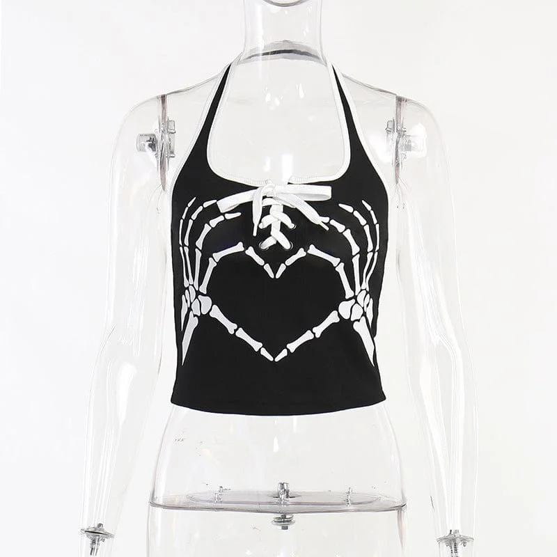 Women's Punk Skeleton Printed Halterneck Tank Top Soft-Touch Wool Vest