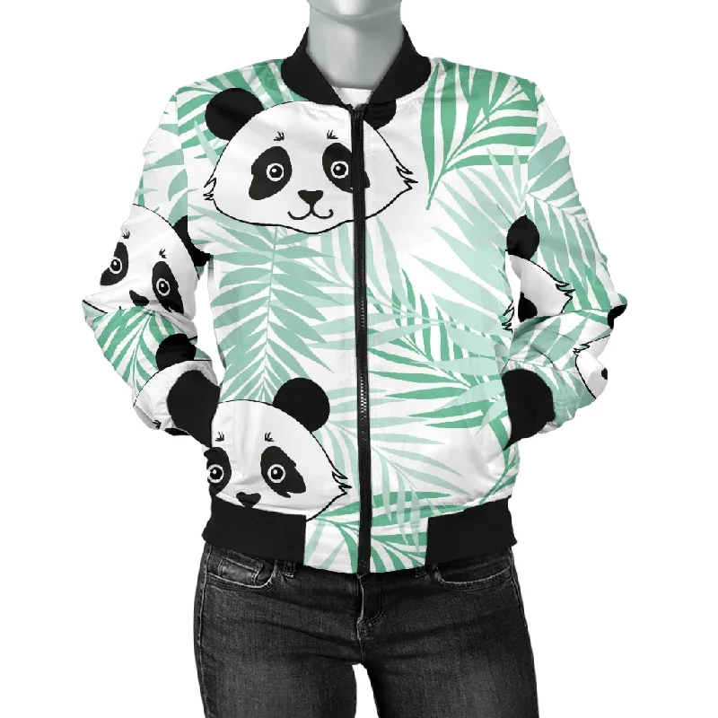 Panda Pattern Tropical Leaves Background Women'S Bomber Jacket