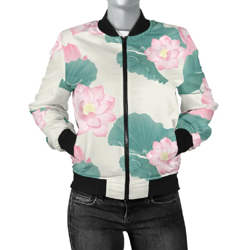 Pink Lotus Waterlily Leaves Pattern Women'S Bomber Jacket