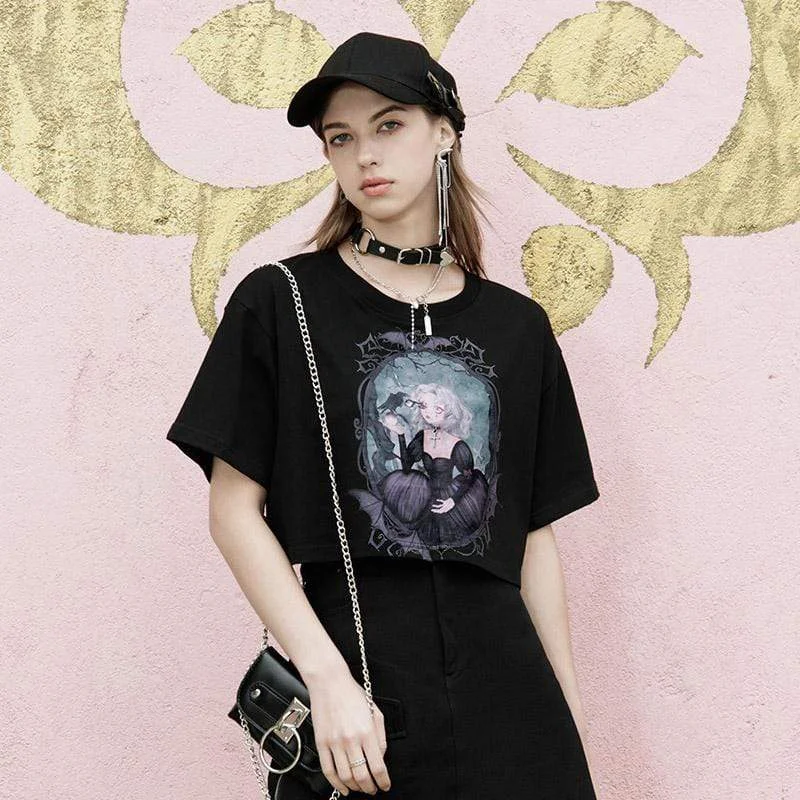 Women's Pastel Goth Princess Printed Tees Short Sleeved Crop Tops